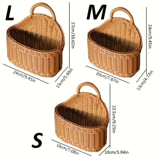 3-Piece Rattan-Style Wall Storage Baskets - Plastic Woven Hanging Baskets, Suitable For Kitchen, Home Decor, Multi-Purpose Wall Hanging Storage Containers, Storage Bins, Kitchen Organization