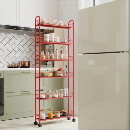 6-Tier Rolling Cart Gap Kitchen Slim Slide Out Storage Tower Rack With Wheels,Baskets,6 For Kitchen,Bathroom Laundry Narrow Piaces Utility Cart,Red