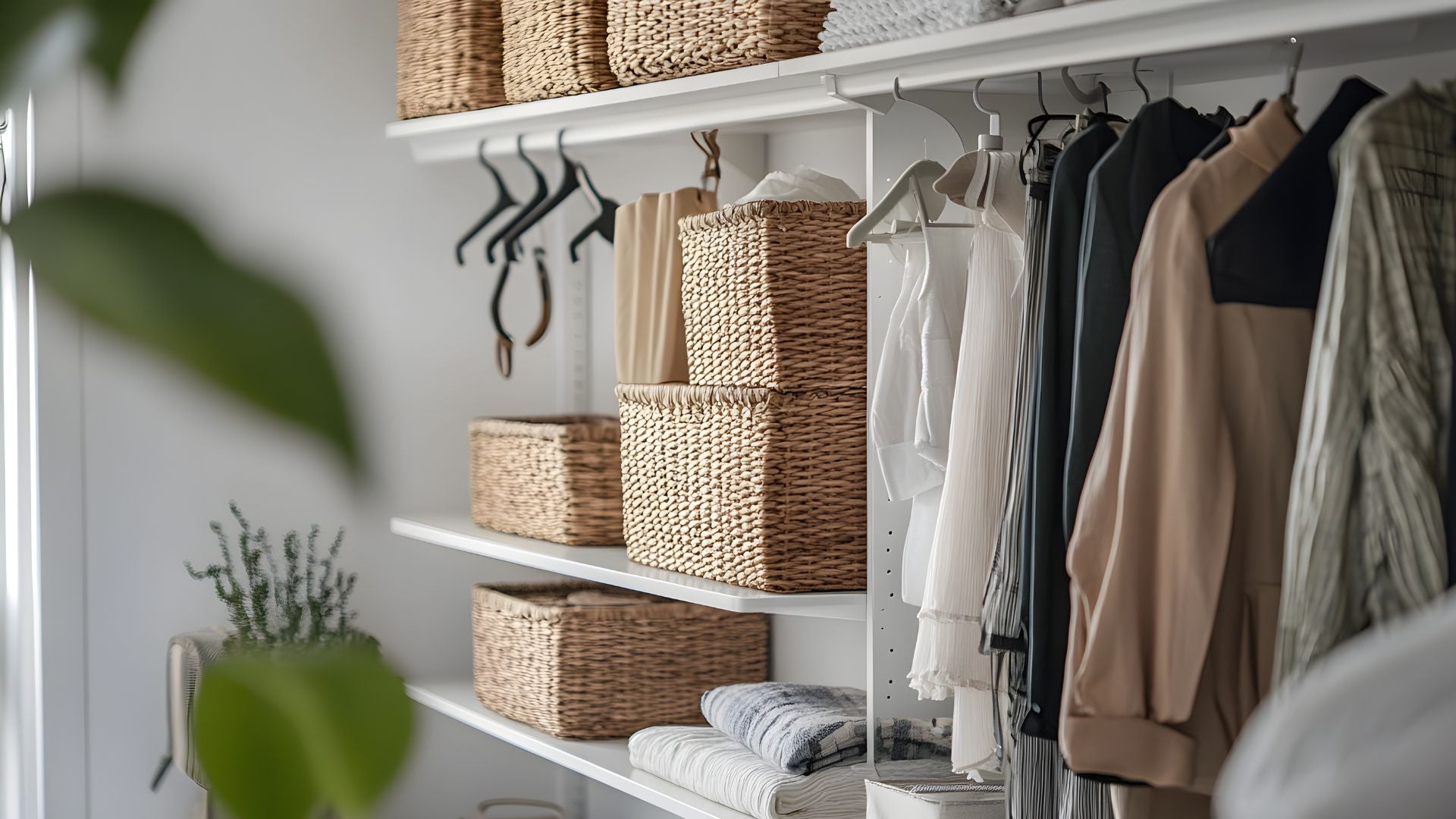 Stylish closet with woven baskets and organized clothing — The Neat Nest storage essentials for functional living.