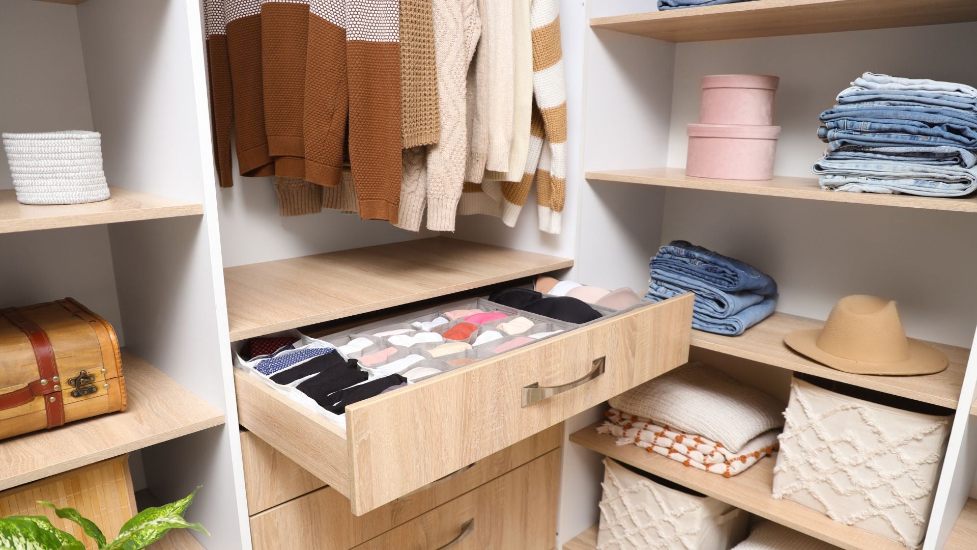 Organized wooden closet with folded clothes and drawer dividers — The Neat Nest storage solutions for neat living.