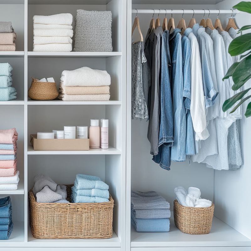 Compact entryway with shoe rack, coat hooks, and shelving unit — The Neat Nest closet and storage solutions.